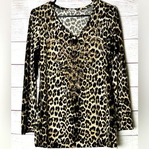 Cache Leopard Cheetah Print Top with Rhinestone Gem Designs